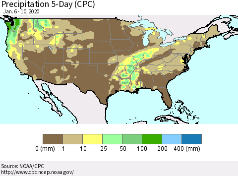 United States Precipitation 5-Day (CPC) Thematic Map For 1/6/2020 - 1/10/2020