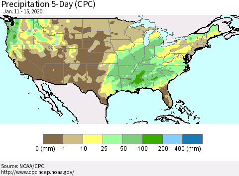 United States Precipitation 5-Day (CPC) Thematic Map For 1/11/2020 - 1/15/2020