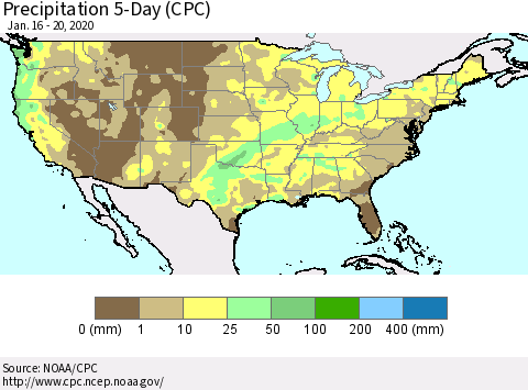 United States Precipitation 5-Day (CPC) Thematic Map For 1/16/2020 - 1/20/2020