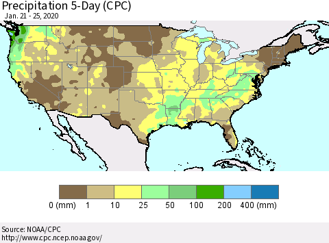 United States Precipitation 5-Day (CPC) Thematic Map For 1/21/2020 - 1/25/2020
