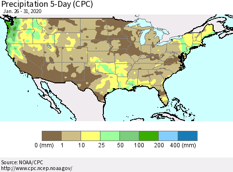 United States Precipitation 5-Day (CPC) Thematic Map For 1/26/2020 - 1/31/2020