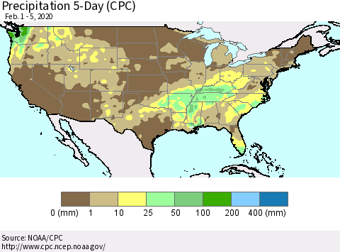 United States Precipitation 5-Day (CPC) Thematic Map For 2/1/2020 - 2/5/2020