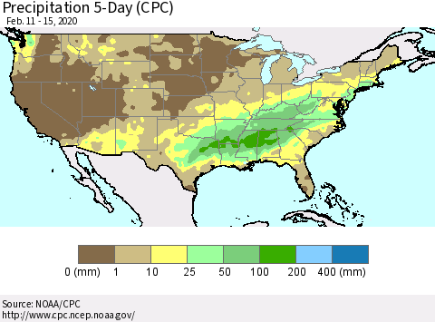 United States Precipitation 5-Day (CPC) Thematic Map For 2/11/2020 - 2/15/2020