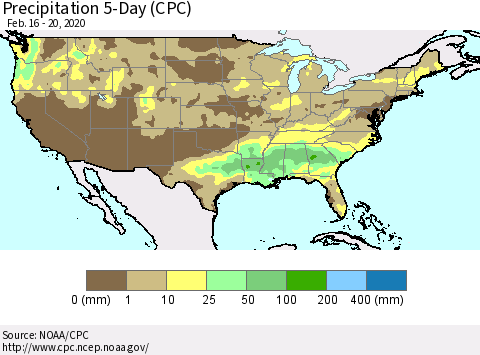 United States Precipitation 5-Day (CPC) Thematic Map For 2/16/2020 - 2/20/2020
