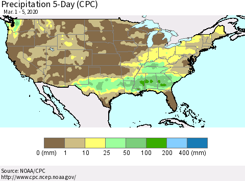 United States Precipitation 5-Day (CPC) Thematic Map For 3/1/2020 - 3/5/2020