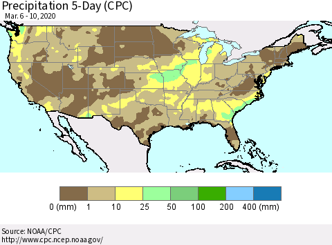 United States Precipitation 5-Day (CPC) Thematic Map For 3/6/2020 - 3/10/2020