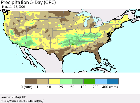 United States Precipitation 5-Day (CPC) Thematic Map For 3/11/2020 - 3/15/2020