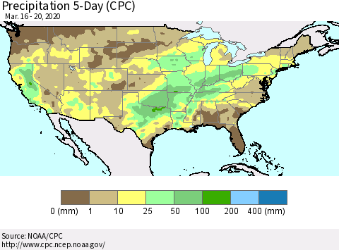 United States Precipitation 5-Day (CPC) Thematic Map For 3/16/2020 - 3/20/2020