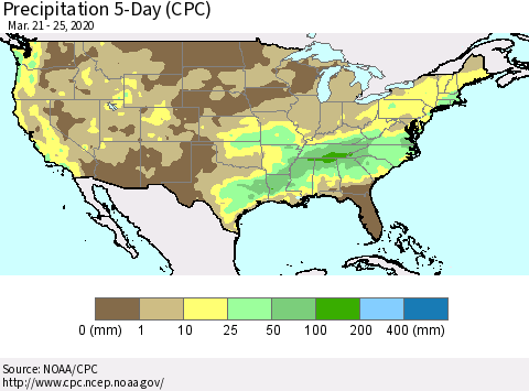 United States Precipitation 5-Day (CPC) Thematic Map For 3/21/2020 - 3/25/2020