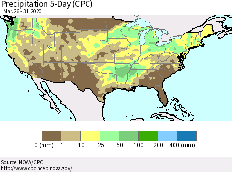 United States Precipitation 5-Day (CPC) Thematic Map For 3/26/2020 - 3/31/2020
