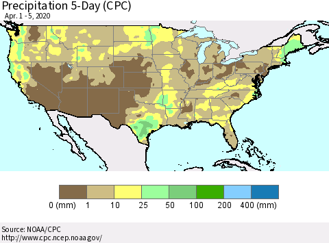 United States Precipitation 5-Day (CPC) Thematic Map For 4/1/2020 - 4/5/2020
