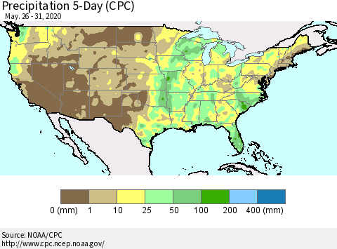 United States Precipitation 5-Day (CPC) Thematic Map For 5/26/2020 - 5/31/2020
