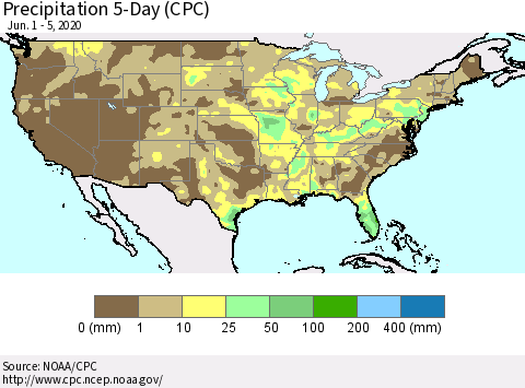 United States Precipitation 5-Day (CPC) Thematic Map For 6/1/2020 - 6/5/2020