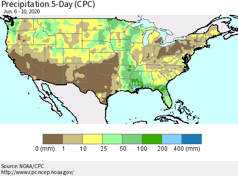 United States Precipitation 5-Day (CPC) Thematic Map For 6/6/2020 - 6/10/2020