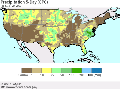 United States Precipitation 5-Day (CPC) Thematic Map For 6/16/2020 - 6/20/2020