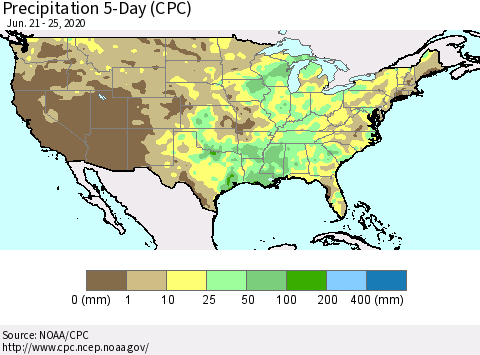 United States Precipitation 5-Day (CPC) Thematic Map For 6/21/2020 - 6/25/2020