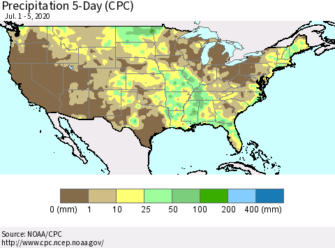 United States Precipitation 5-Day (CPC) Thematic Map For 7/1/2020 - 7/5/2020