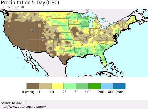 United States Precipitation 5-Day (CPC) Thematic Map For 7/6/2020 - 7/10/2020