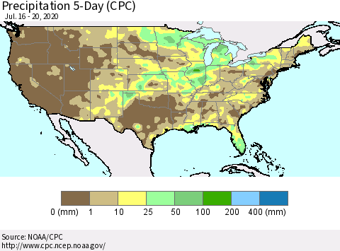 United States Precipitation 5-Day (CPC) Thematic Map For 7/16/2020 - 7/20/2020