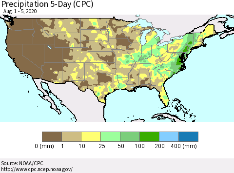 United States Precipitation 5-Day (CPC) Thematic Map For 8/1/2020 - 8/5/2020