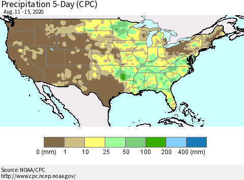 United States Precipitation 5-Day (CPC) Thematic Map For 8/11/2020 - 8/15/2020