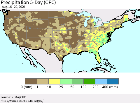 United States Precipitation 5-Day (CPC) Thematic Map For 8/16/2020 - 8/20/2020