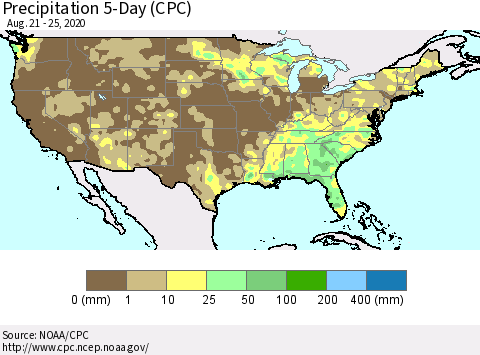 United States Precipitation 5-Day (CPC) Thematic Map For 8/21/2020 - 8/25/2020