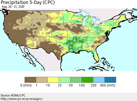 United States Precipitation 5-Day (CPC) Thematic Map For 8/26/2020 - 8/31/2020