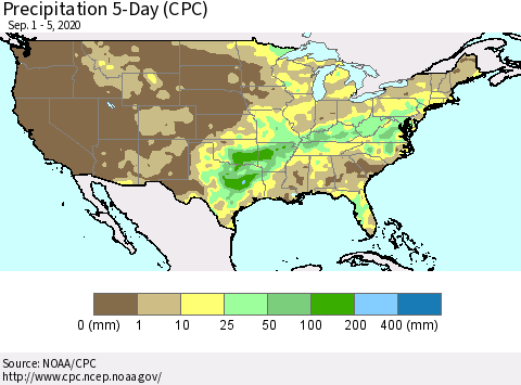United States Precipitation 5-Day (CPC) Thematic Map For 9/1/2020 - 9/5/2020
