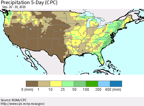 United States Precipitation 5-Day (CPC) Thematic Map For 9/26/2020 - 9/30/2020