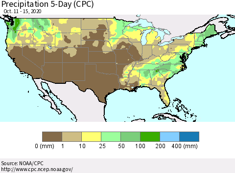United States Precipitation 5-Day (CPC) Thematic Map For 10/11/2020 - 10/15/2020