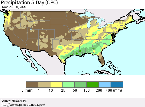 United States Precipitation 5-Day (CPC) Thematic Map For 11/26/2020 - 11/30/2020