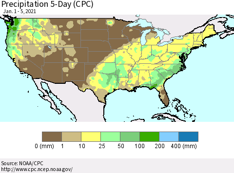 United States Precipitation 5-Day (CPC) Thematic Map For 1/1/2021 - 1/5/2021