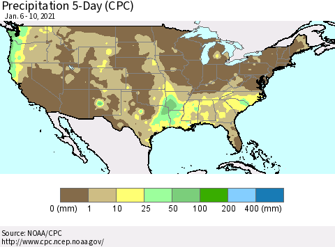 United States Precipitation 5-Day (CPC) Thematic Map For 1/6/2021 - 1/10/2021
