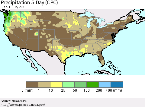 United States Precipitation 5-Day (CPC) Thematic Map For 1/11/2021 - 1/15/2021