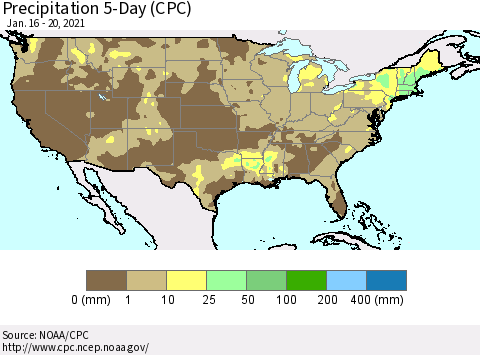 United States Precipitation 5-Day (CPC) Thematic Map For 1/16/2021 - 1/20/2021