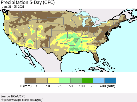 United States Precipitation 5-Day (CPC) Thematic Map For 1/21/2021 - 1/25/2021