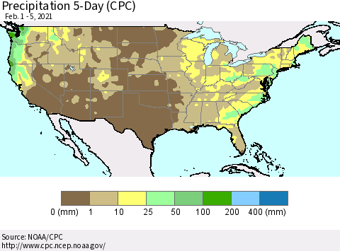 United States Precipitation 5-Day (CPC) Thematic Map For 2/1/2021 - 2/5/2021