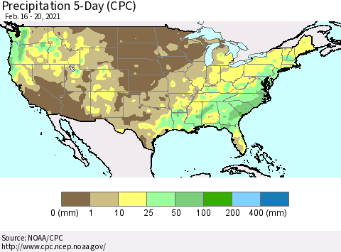 United States Precipitation 5-Day (CPC) Thematic Map For 2/16/2021 - 2/20/2021