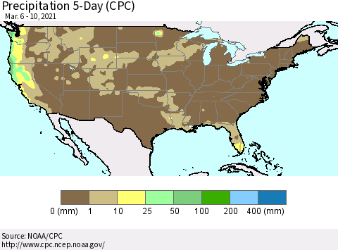 United States Precipitation 5-Day (CPC) Thematic Map For 3/6/2021 - 3/10/2021
