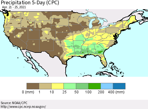 United States Precipitation 5-Day (CPC) Thematic Map For 4/21/2021 - 4/25/2021