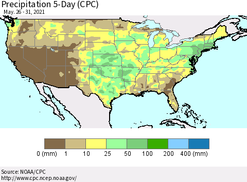 United States Precipitation 5-Day (CPC) Thematic Map For 5/26/2021 - 5/31/2021