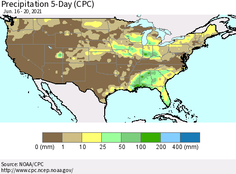 United States Precipitation 5-Day (CPC) Thematic Map For 6/16/2021 - 6/20/2021