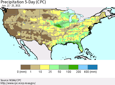 United States Precipitation 5-Day (CPC) Thematic Map For 6/21/2021 - 6/25/2021
