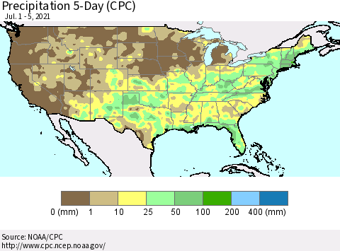 United States Precipitation 5-Day (CPC) Thematic Map For 7/1/2021 - 7/5/2021