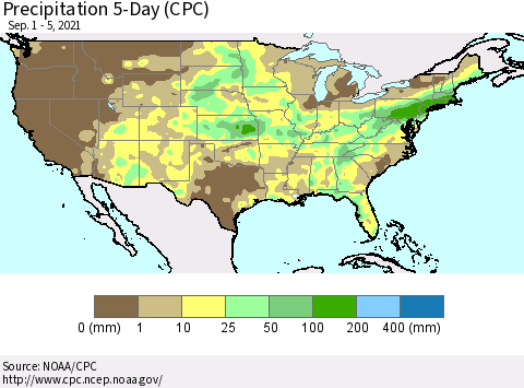 United States Precipitation 5-Day (CPC) Thematic Map For 9/1/2021 - 9/5/2021