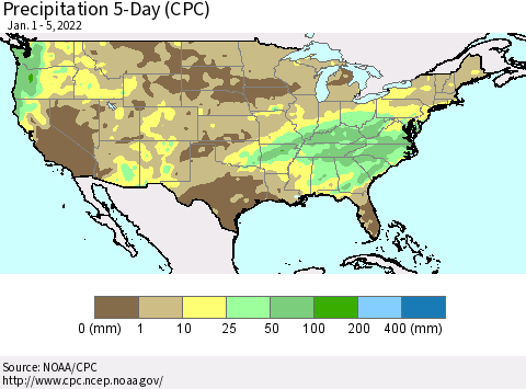 United States Precipitation 5-Day (CPC) Thematic Map For 1/1/2022 - 1/5/2022