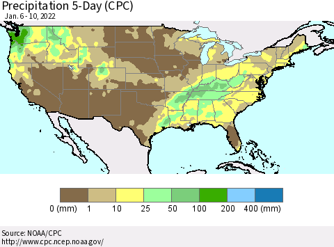 United States Precipitation 5-Day (CPC) Thematic Map For 1/6/2022 - 1/10/2022