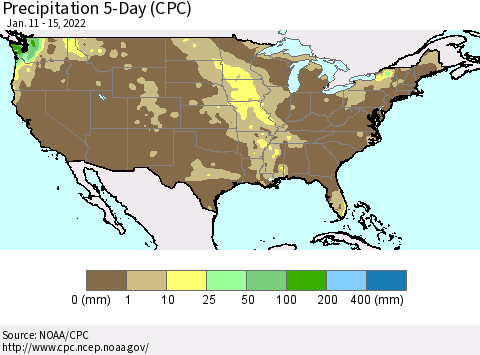 United States Precipitation 5-Day (CPC) Thematic Map For 1/11/2022 - 1/15/2022