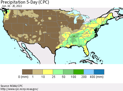 United States Precipitation 5-Day (CPC) Thematic Map For 1/16/2022 - 1/20/2022